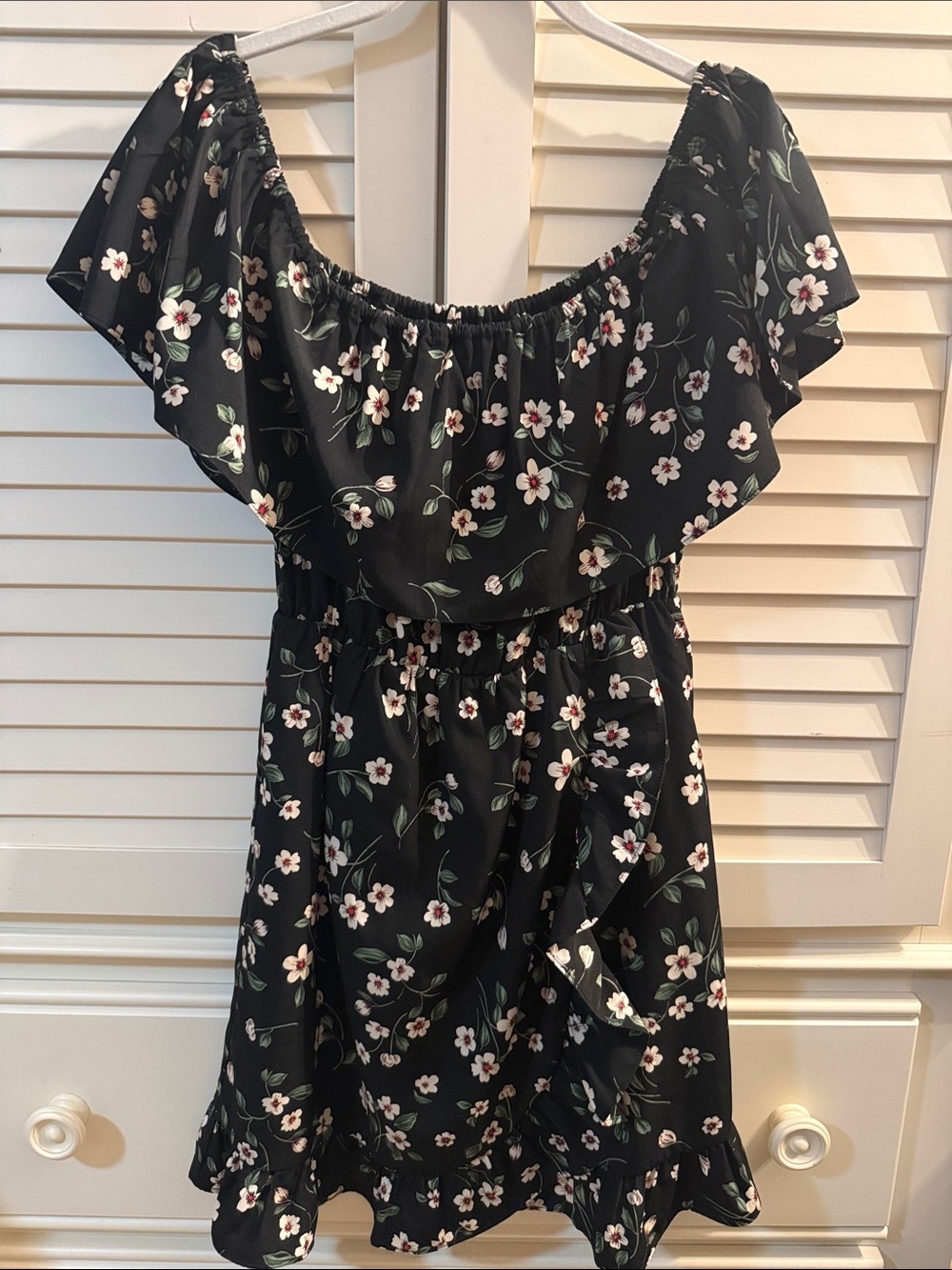 Aqua Black Floral Off-Shoulder Ruffle Dress
